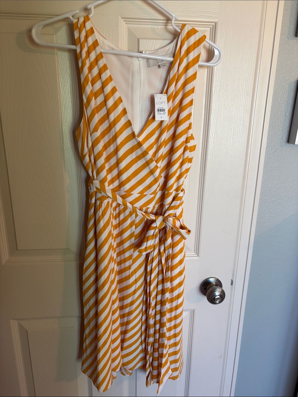 LOFT Yellow and White Diagonal Stripe Wrap Dress